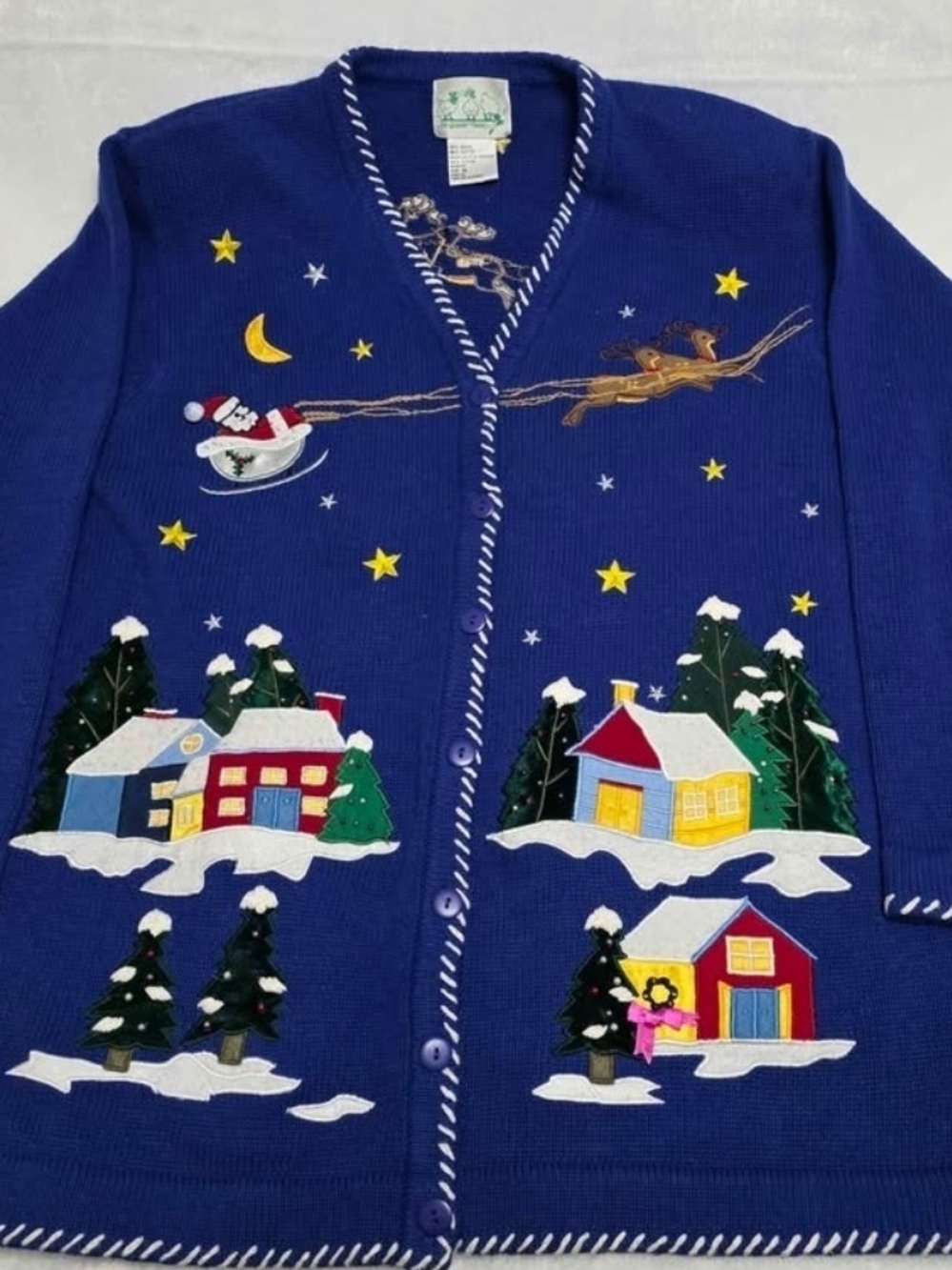 Quacker Factory Navy Holiday Christmas Cardigan with Festive Appliqués